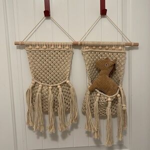 Set of Two Natural Tan, Macrame and Bead Wall Hanging Pockets
